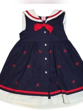 Copper Key Nautical Dress Girls Size 5 Navy Blue Red White Patriotic Embroidered